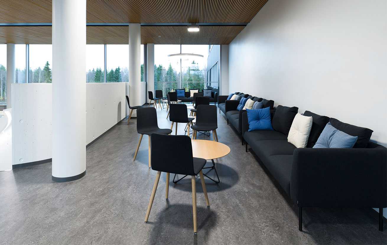 Martela's Nooa sofas, Scoop tables and Sola chairs at Bittium's head office in Oulu, Finland