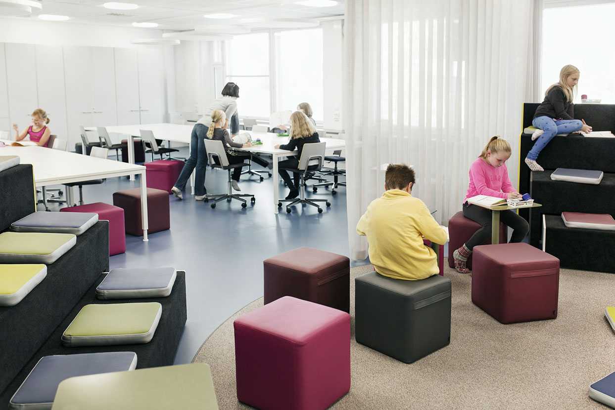 Pupils studying on Martela's Bit stools and Beatbox at Juteinikeskus in Hattula, Finland