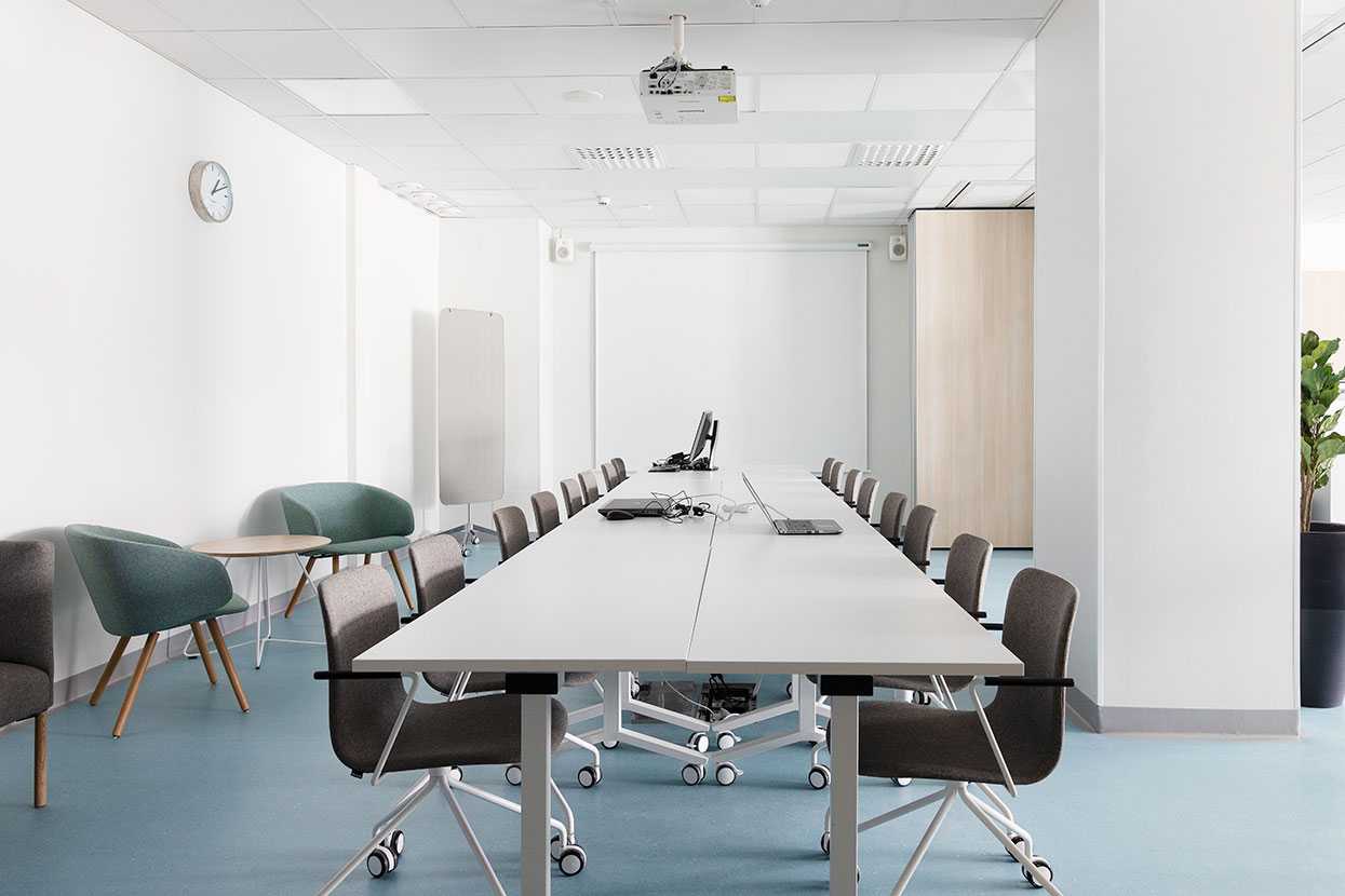 Long conference table and Sola chairs