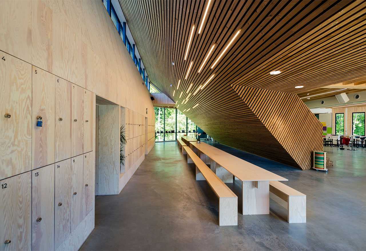 Wooden lockers at Drøbak Montessori School in Norway