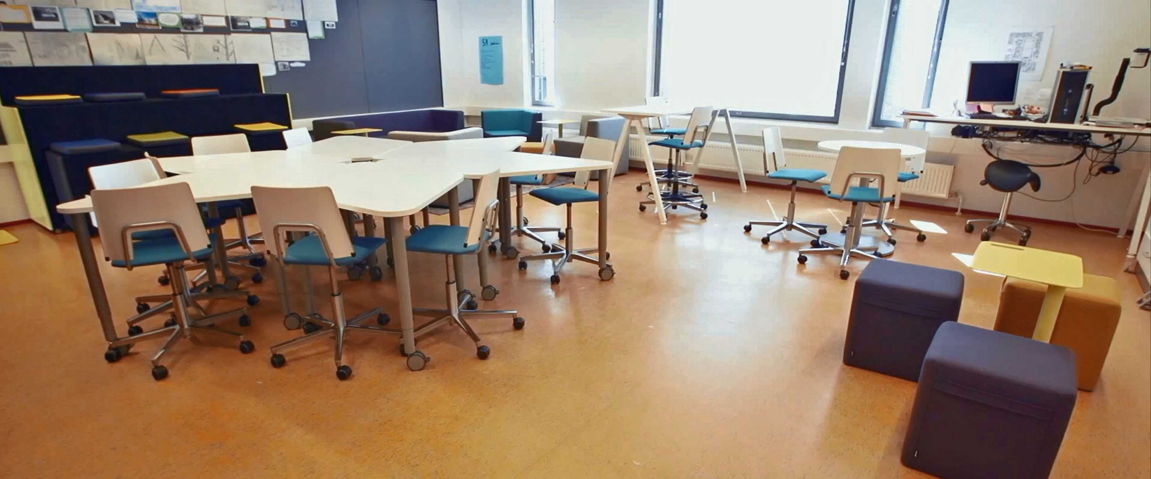 Martela's Salmiakki tables, Grip chairs and Bit stools in Martinkallio School