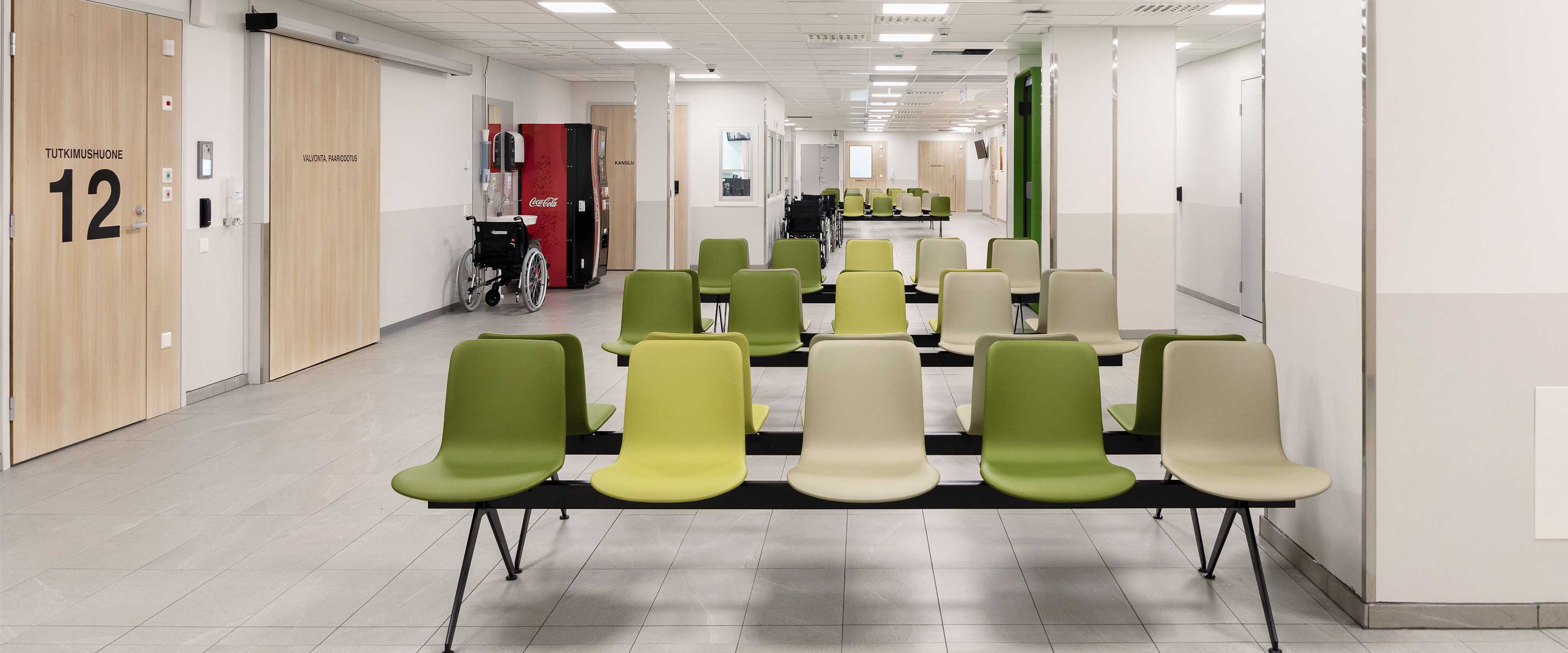 Sola beam chairs in the waiting area of the North Karelia Central Hospital