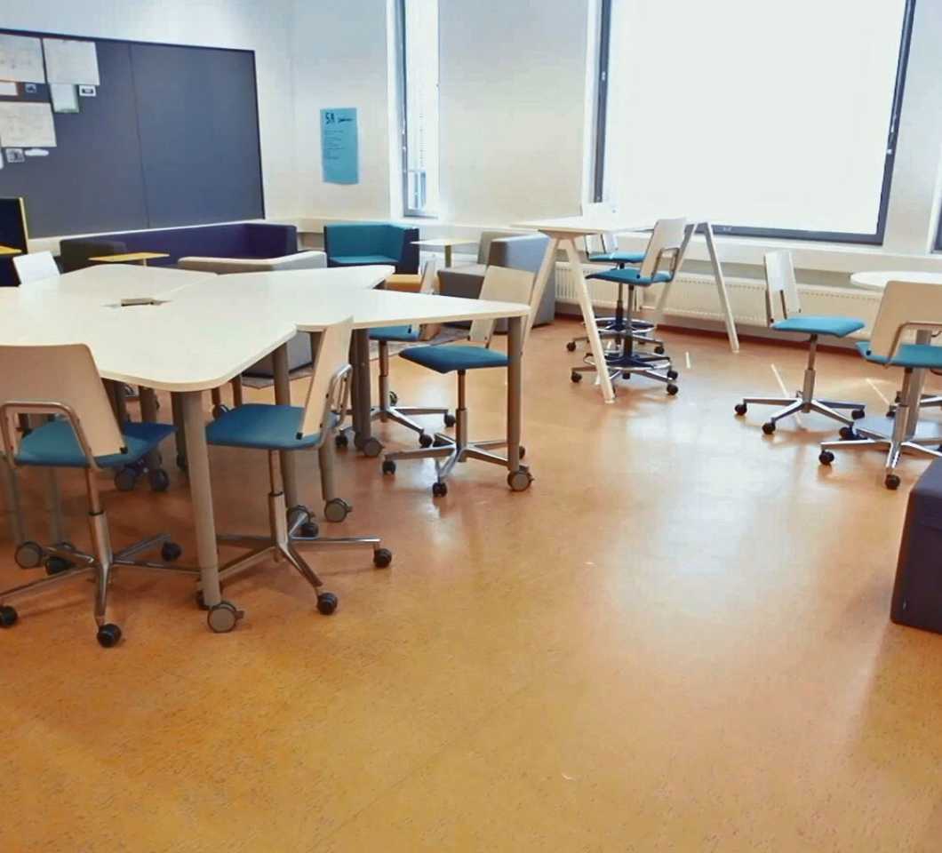 Martela's Salmiakki tables, Grip chairs and Bit stools in Martinkallio School