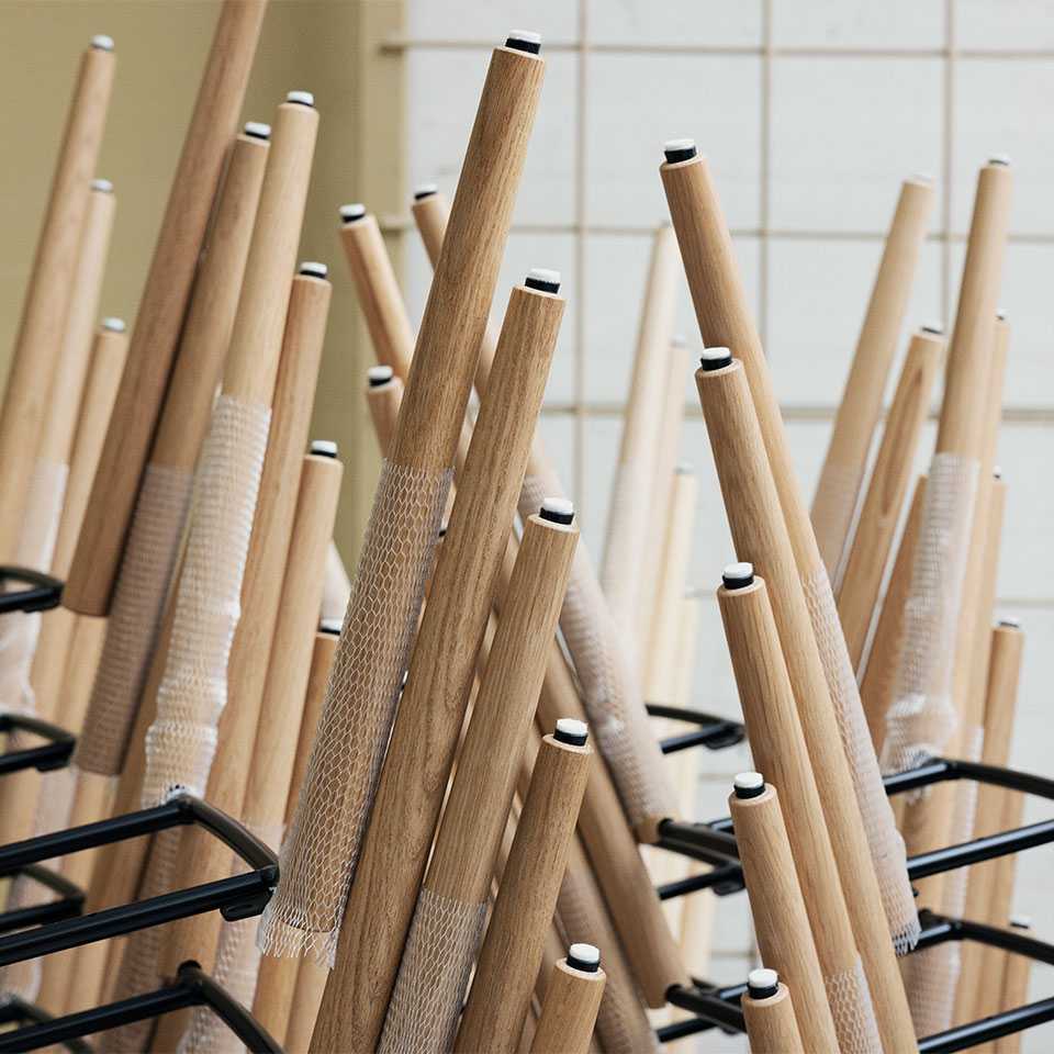 Wooden legs of chairs in a stack